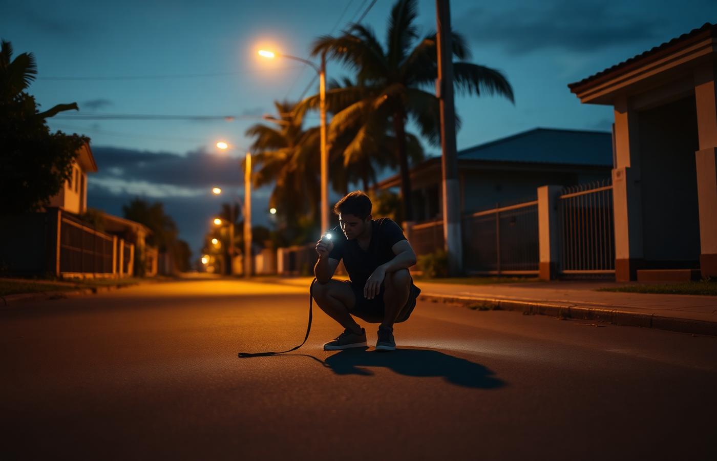 Tutor procurando um cachorro perdido em rua residencial ao anoitecer